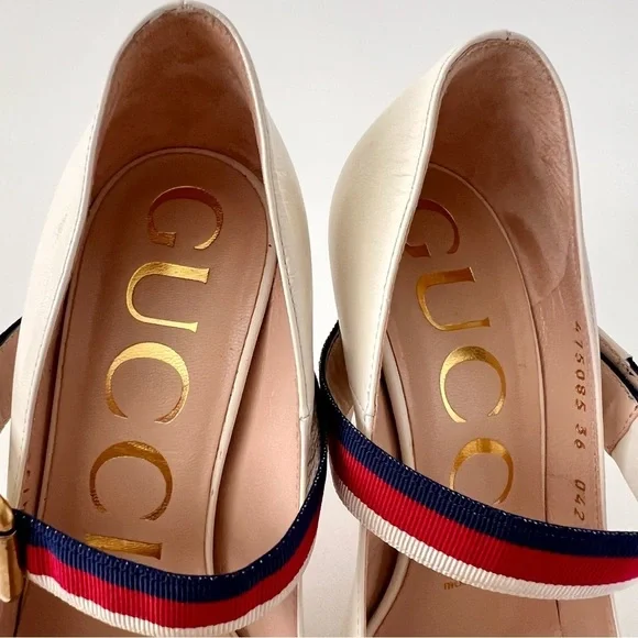 GUCCI | Sylvie Web Stripe Buckle White Leather Pumps EU 36 - Picture 6 of 16
